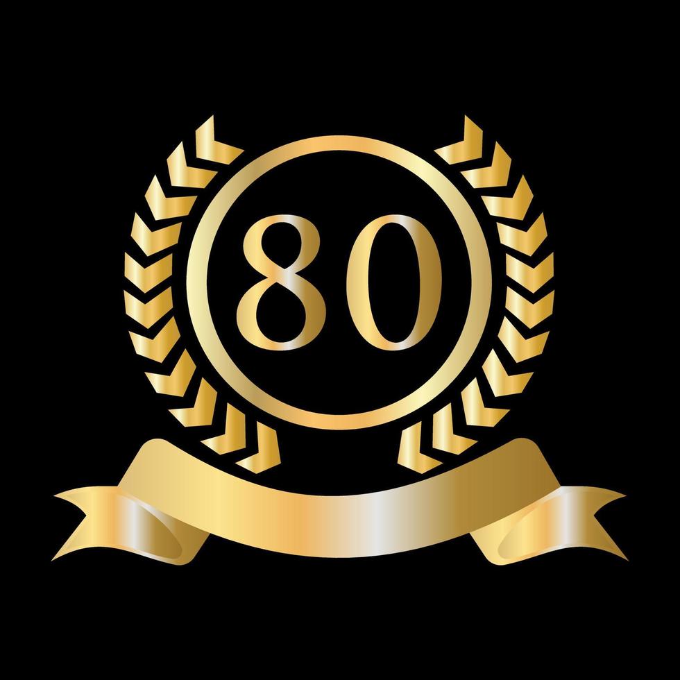 Plantilla dorada y negra de celebración del 80 aniversario. elemento de logotipo de cresta heráldica de oro de estilo de lujo vector de laurel vintage