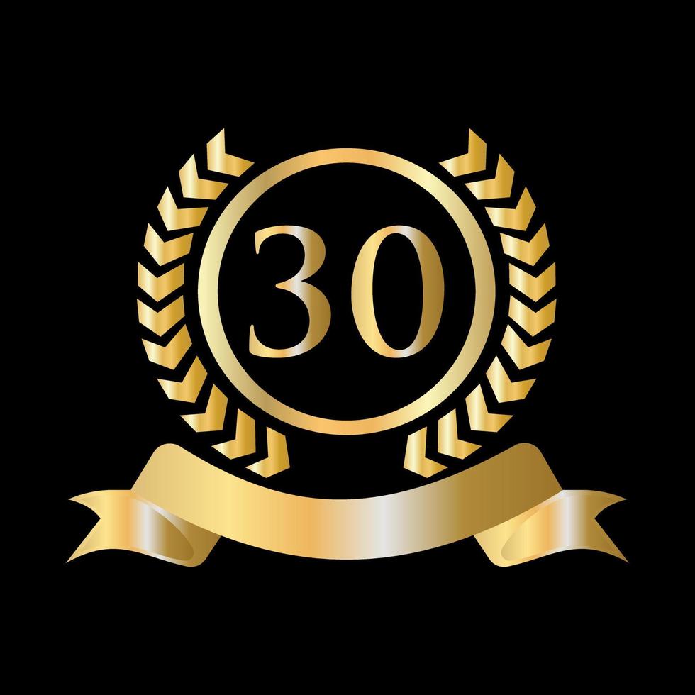 30th Anniversary Celebration Gold and Black Template. Luxury Style Gold Heraldic Crest Logo Element Vintage Laurel Vector