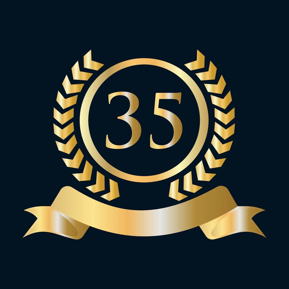Plantilla dorada y negra de celebración del 35 aniversario. elemento de logotipo de cresta heráldica de oro de estilo de lujo vector de laurel vintage