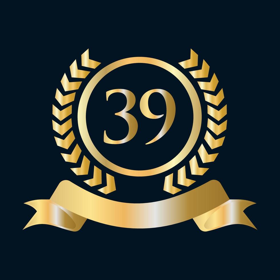 Plantilla de oro y negro de celebración de 39 aniversario. elemento de logotipo de cresta heráldica de oro de estilo de lujo vector de laurel vintage