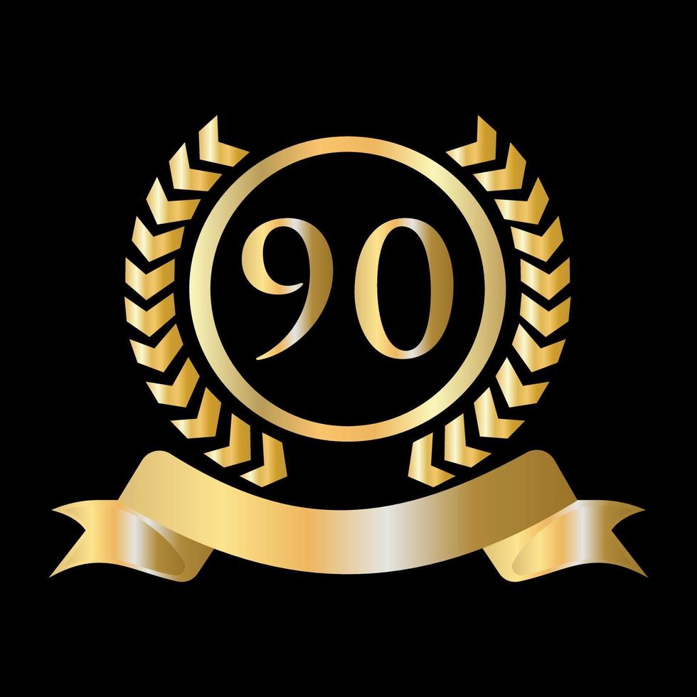Plantilla dorada y negra de celebración del 90 aniversario. elemento de logotipo de cresta heráldica de oro de estilo de lujo vector de laurel vintage