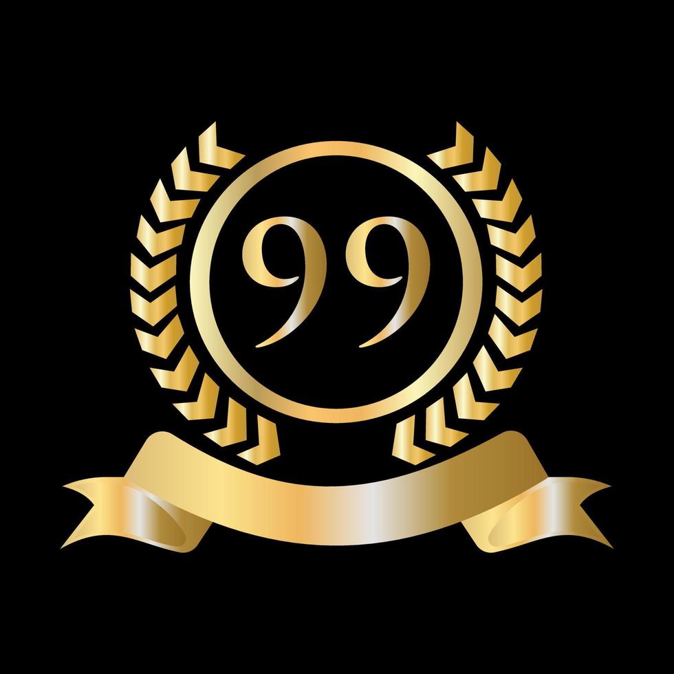 Plantilla dorada y negra de celebración del 99 aniversario. elemento de logotipo de cresta heráldica de oro de estilo de lujo vector de laurel vintage