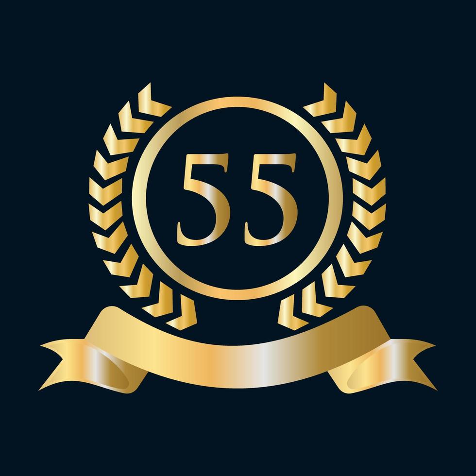 Plantilla dorada y negra de celebración del 55 aniversario. elemento de logotipo de cresta heráldica de oro de estilo de lujo vector de laurel vintage
