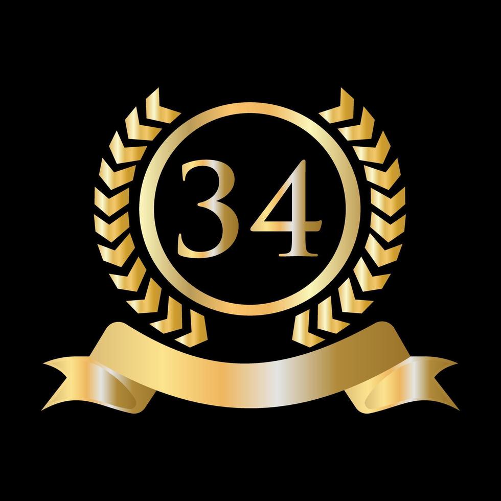 Plantilla dorada y negra de celebración del 34 aniversario. elemento de logotipo de cresta heráldica de oro de estilo de lujo vector de laurel vintage