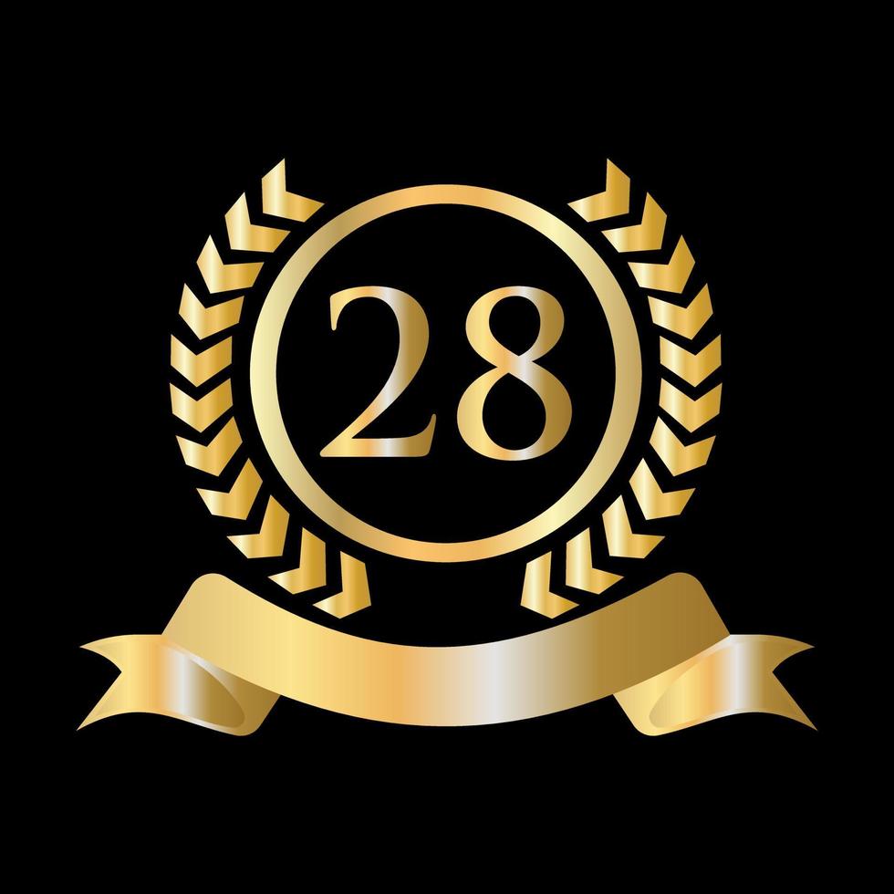 Plantilla dorada y negra de celebración del 28 aniversario. elemento de logotipo de cresta heráldica de oro de estilo de lujo vector de laurel vintage