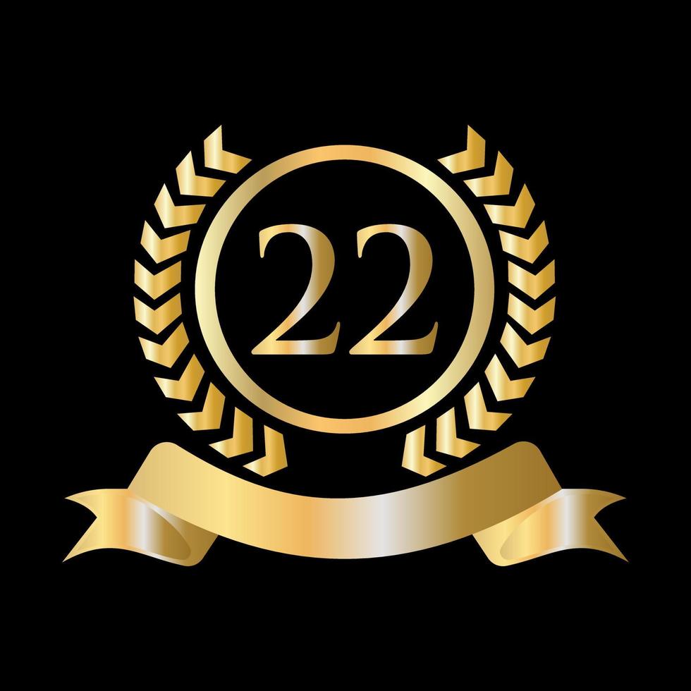 Plantilla dorada y negra de celebración del 22 aniversario. elemento de logotipo de cresta heráldica de oro de estilo de lujo vector de laurel vintage