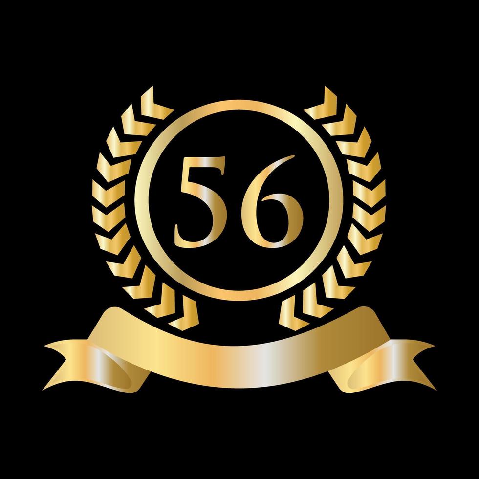 Plantilla dorada y negra de celebración del 56 aniversario. elemento de logotipo de cresta heráldica de oro de estilo de lujo vector de laurel vintage