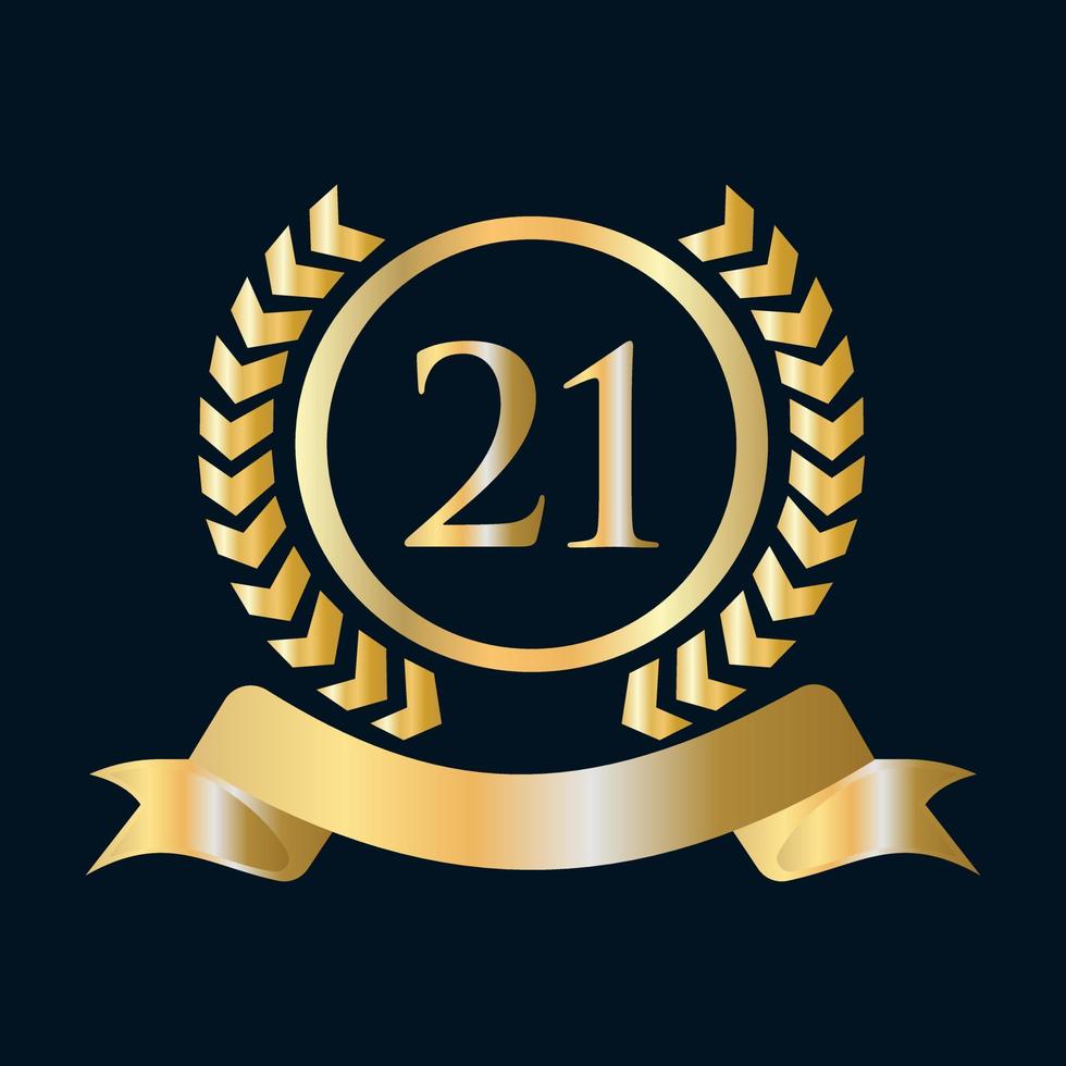 Plantilla dorada y negra de celebración del 21 aniversario. elemento de logotipo de cresta heráldica de oro de estilo de lujo vector de laurel vintage