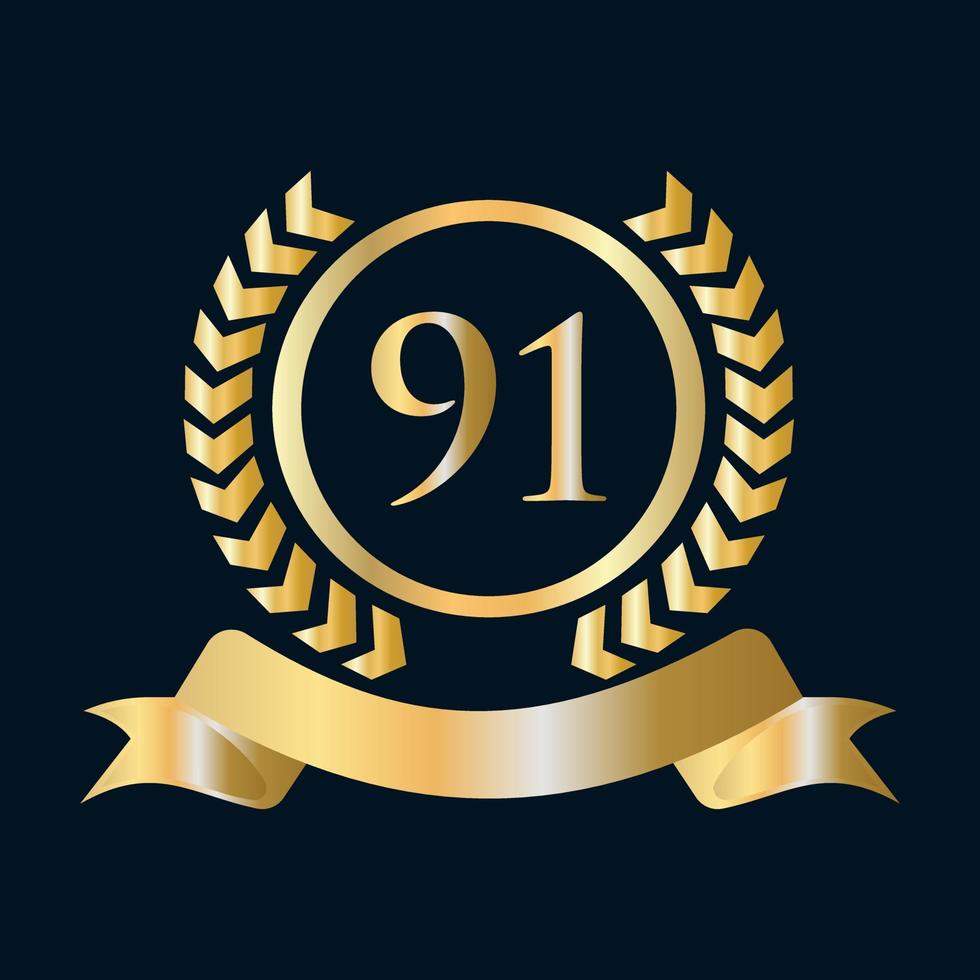 Plantilla dorada y negra de celebración del 91 aniversario. elemento de logotipo de cresta heráldica de oro de estilo de lujo vector de laurel vintage