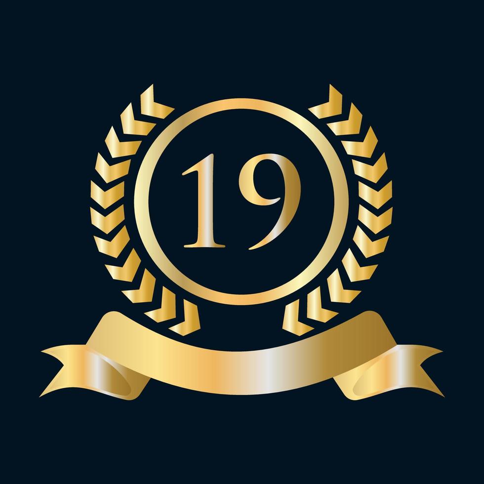 Plantilla dorada y negra de celebración del 19 aniversario. elemento de logotipo de cresta heráldica de oro de estilo de lujo vector de laurel vintage