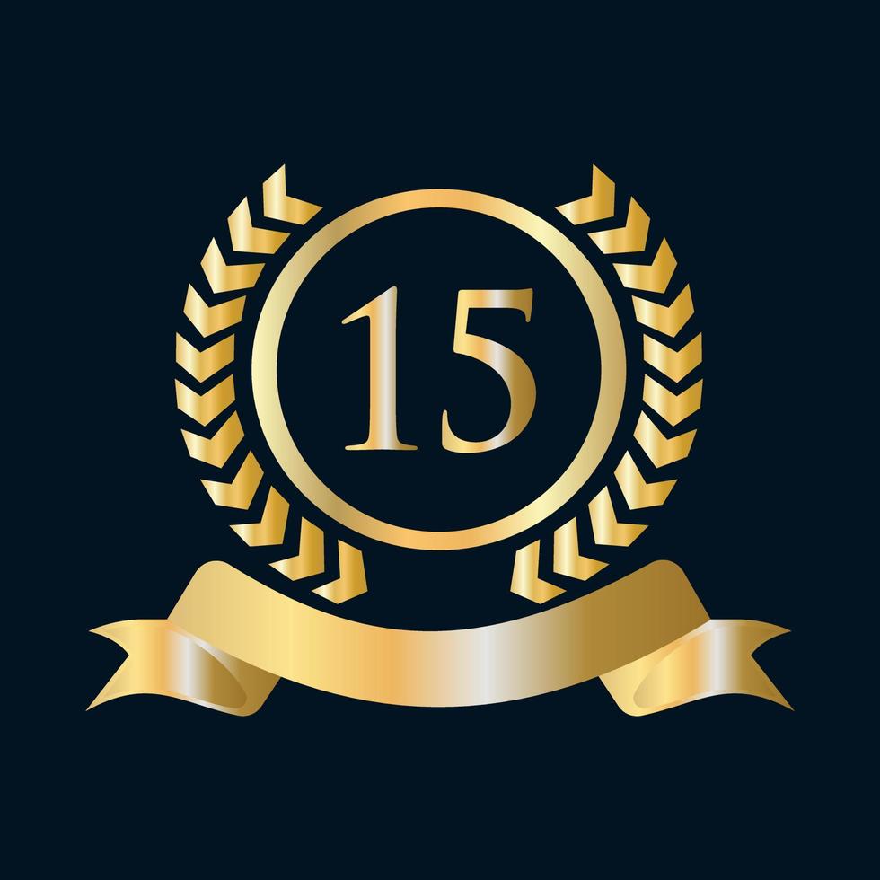 Plantilla dorada y negra de celebración del 15 aniversario. elemento de logotipo de cresta heráldica de oro de estilo de lujo vector de laurel vintage