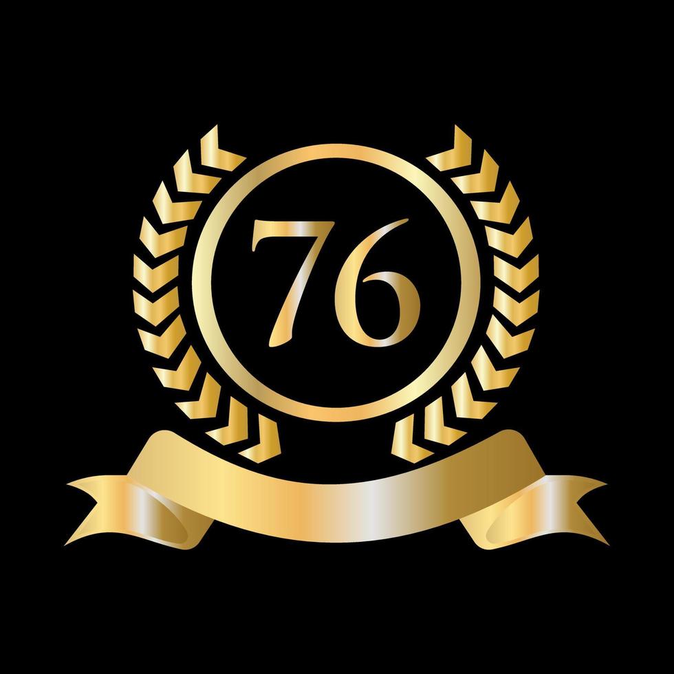 Plantilla dorada y negra de celebración del 76 aniversario. elemento de logotipo de cresta heráldica de oro de estilo de lujo vector de laurel vintage