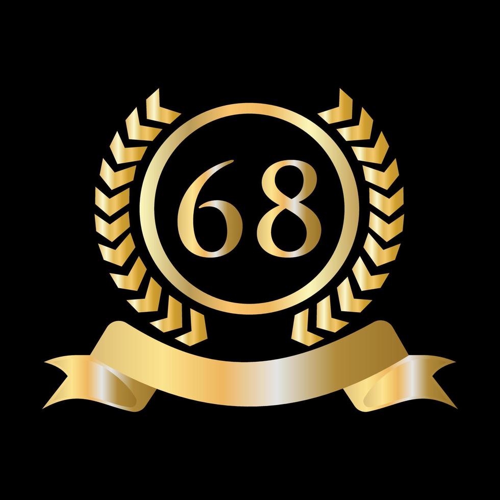 Plantilla dorada y negra de celebración del 68 aniversario. elemento de logotipo de cresta heráldica de oro de estilo de lujo vector de laurel vintage