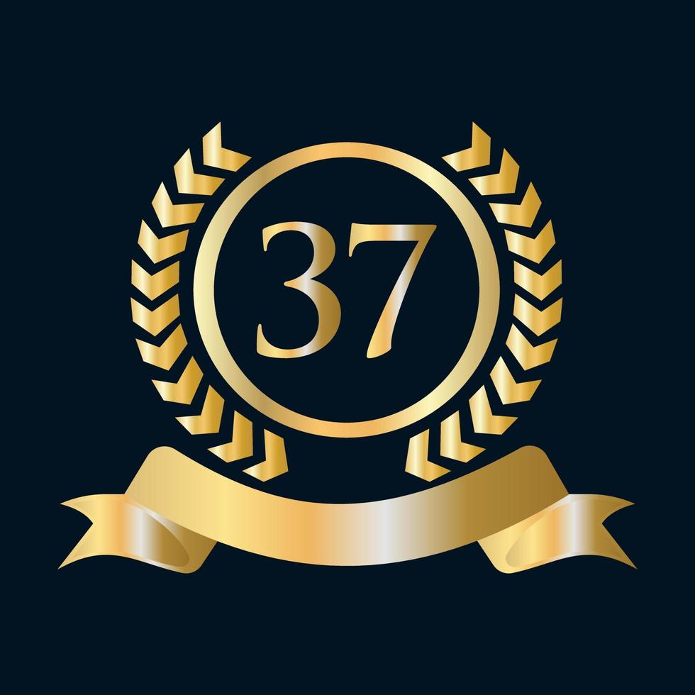 Plantilla dorada y negra de celebración del 37 aniversario. elemento de logotipo de cresta heráldica de oro de estilo de lujo vector de laurel vintage