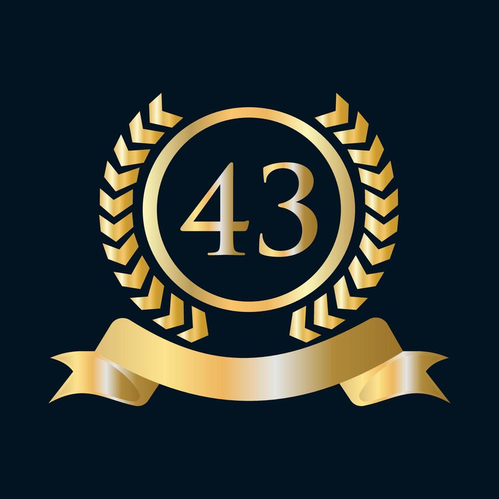 Plantilla dorada y negra de celebración del 43 aniversario. elemento de logotipo de cresta heráldica de oro de estilo de lujo vector de laurel vintage