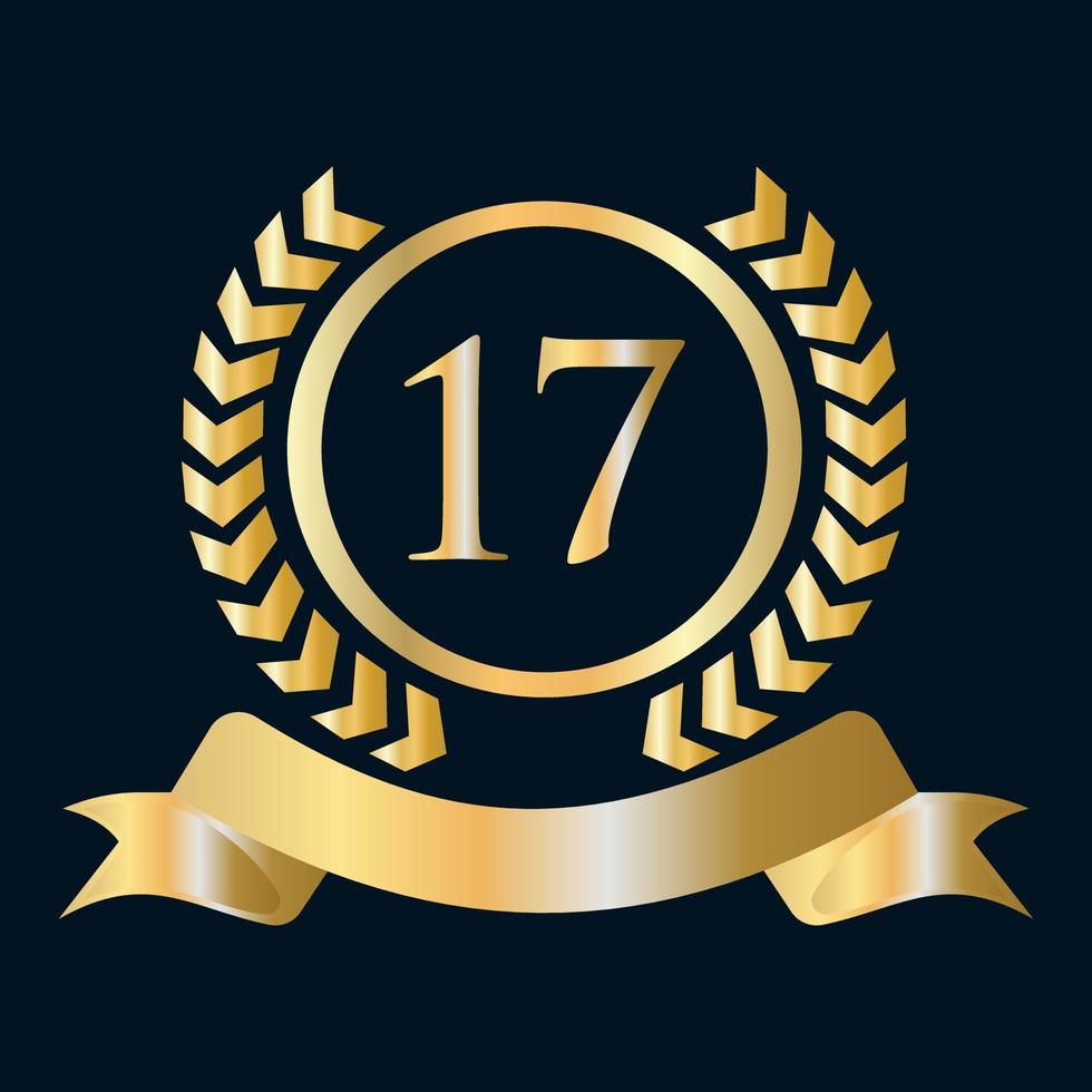 Plantilla dorada y negra de celebración del 17 aniversario. elemento de logotipo de cresta heráldica de oro de estilo de lujo vector de laurel vintage