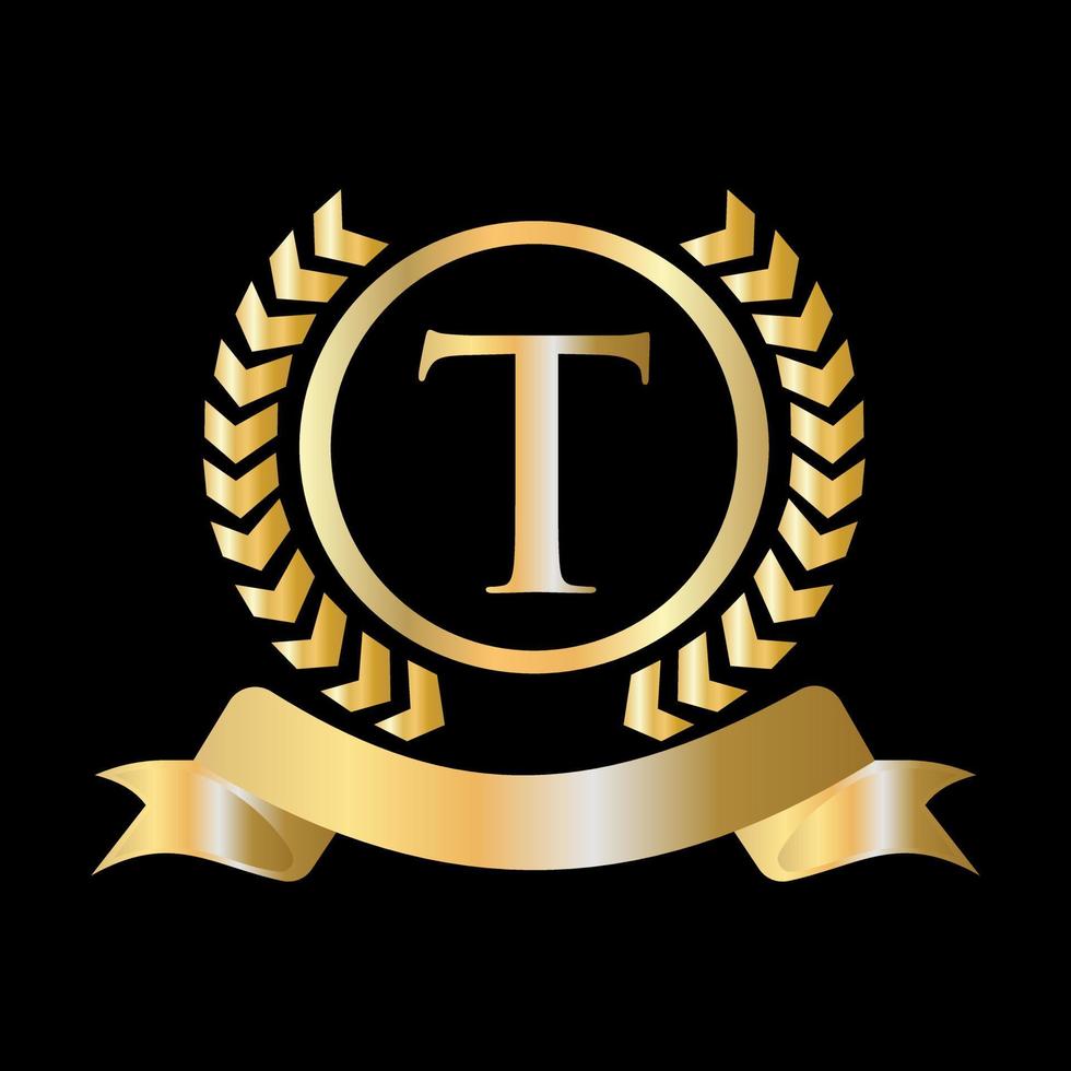 sello, corona de laurel de oro y cinta en concepto de letra t. elemento de logotipo de cresta heráldica de oro de lujo vector de laurel vintage