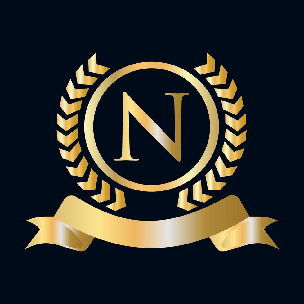 Seal, Gold Laurel Wreath and Ribbon on Letter N Concept. Luxury Gold Heraldic Crest Logo Element Vintage Laurel Vector