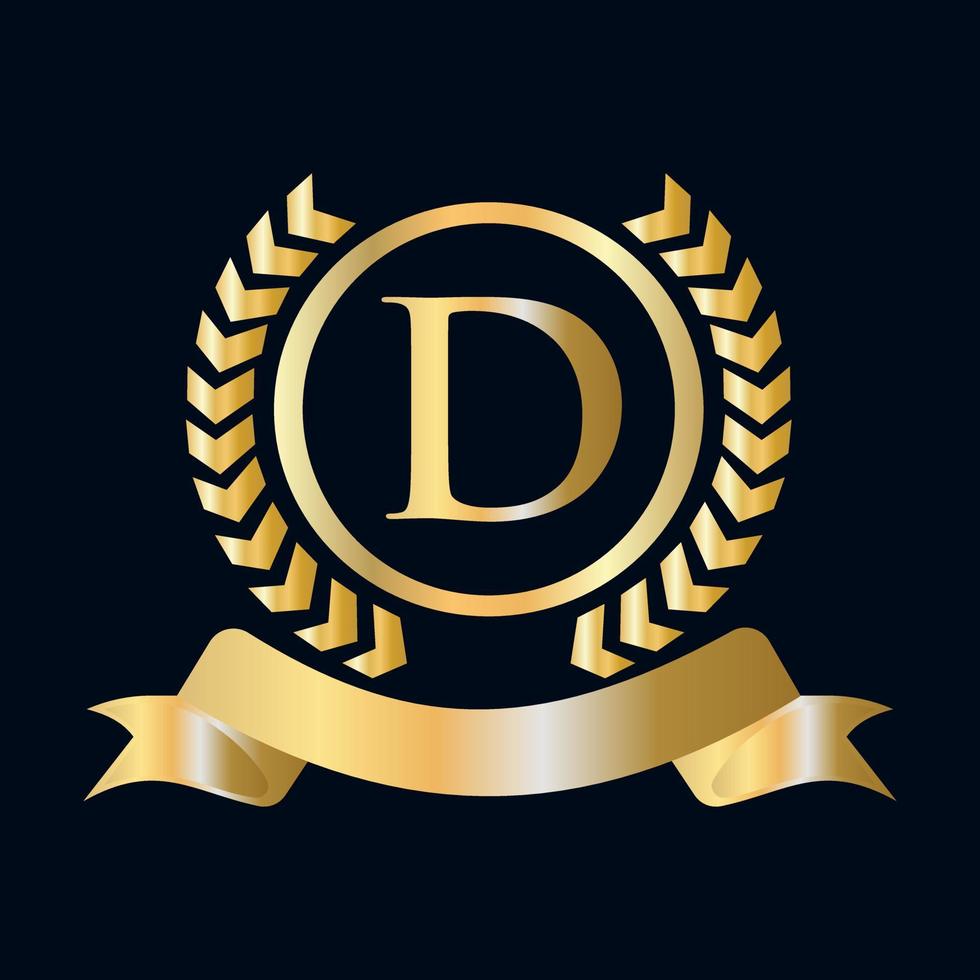 Seal, Gold Laurel Wreath and Ribbon on Letter D Concept. Luxury Gold Heraldic Crest Logo Element Vintage Laurel Vector