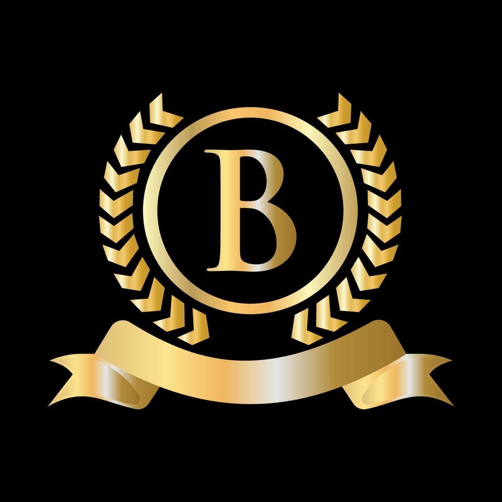 Seal, Gold Laurel Wreath and Ribbon on Letter B Concept. Luxury Gold Heraldic Crest Logo Element Vintage Laurel Vector