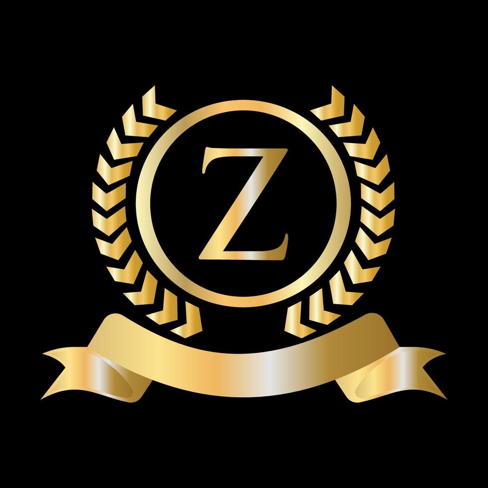 sello, corona de laurel de oro y cinta en el concepto de letra z. elemento de logotipo de cresta heráldica de oro de lujo vector de laurel vintage