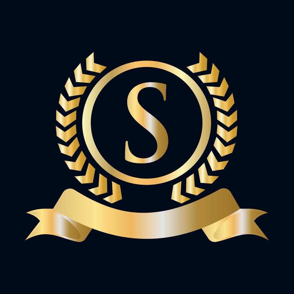 Seal, Gold Laurel Wreath and Ribbon on Letter S Concept. Luxury Gold Heraldic Crest Logo Element Vintage Laurel Vector