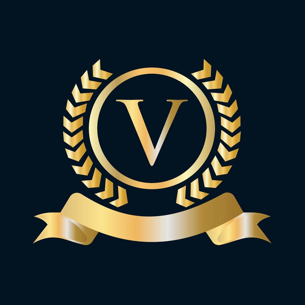 sello, corona de laurel de oro y cinta en el concepto de letra v. elemento de logotipo de cresta heráldica de oro de lujo vector de laurel vintage