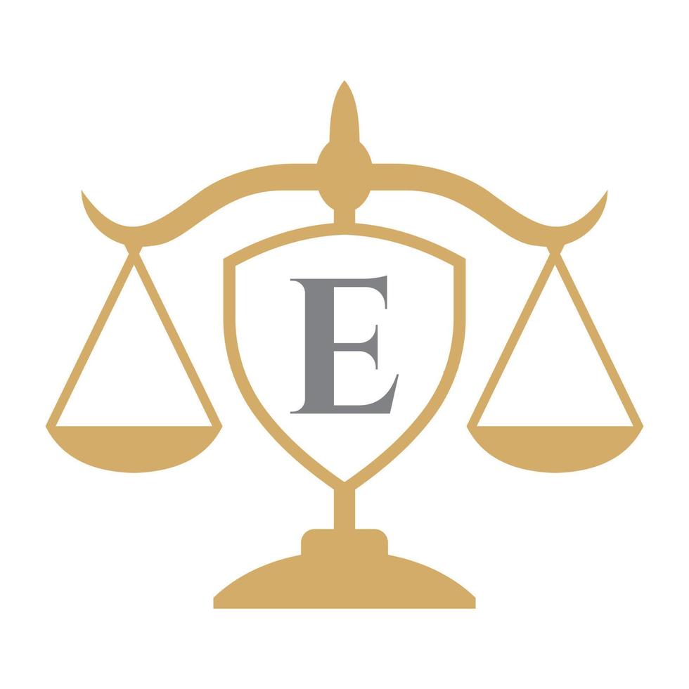 Law Firm Logo Design On Letter E with Shield Sign. Law Logo, Lawyer And Justice, Law Attorney, Legal, Lawyer Service, Law Office, Scale Logo Template vector