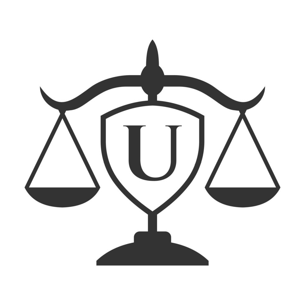 diseño del logotipo del bufete de abogados en la letra u con signo de escudo. logotipo de la ley, abogado y justicia, abogado de la ley, legal, servicio de abogado, bufete de abogados, plantilla de logotipo de escala vector