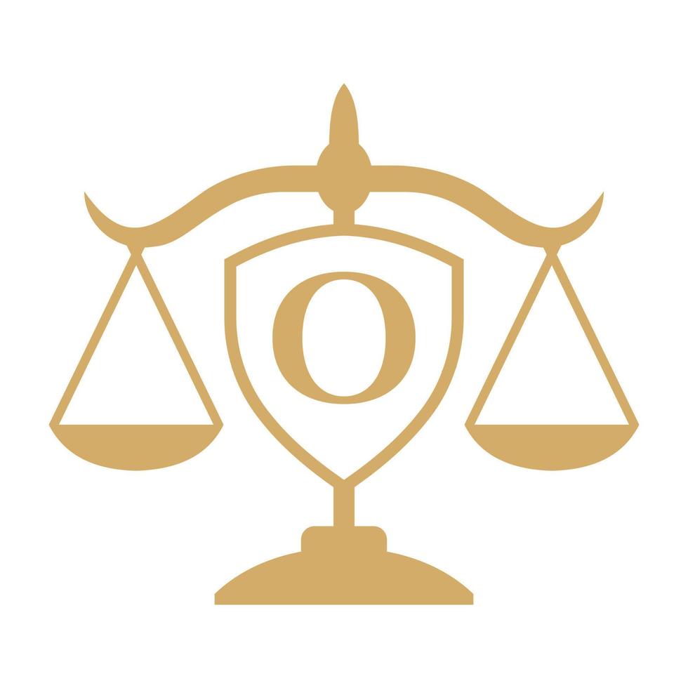 diseño del logotipo del bufete de abogados en la letra o con signo de escudo. logotipo de la ley, abogado y justicia, abogado de la ley, legal, servicio de abogado, bufete de abogados, plantilla de logotipo de escala vector