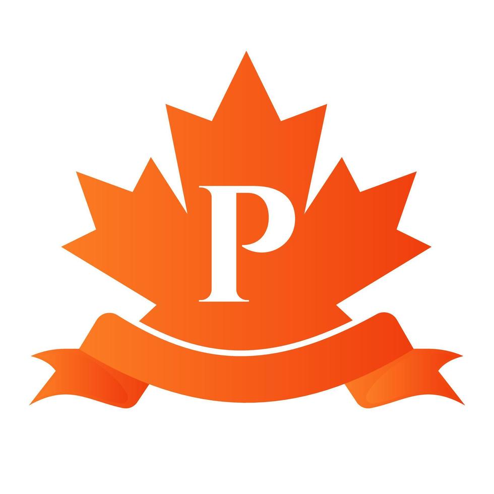 arce rojo canadiense en el sello y la cinta de la letra p. elemento de logotipo de cresta heráldica de lujo vector de laurel vintage