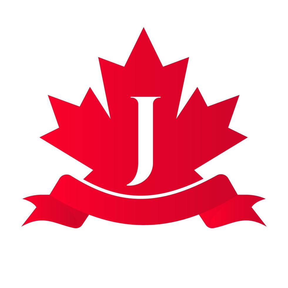 arce rojo canadiense en el sello y la cinta de la letra j. elemento de logotipo de cresta heráldica de lujo vector de laurel vintage
