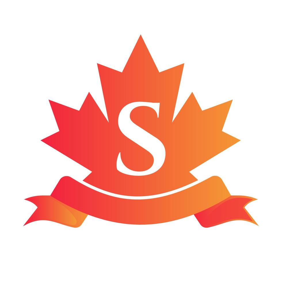 arce rojo canadiense en el sello y la cinta de la letra s. elemento de logotipo de cresta heráldica de lujo vector de laurel vintage