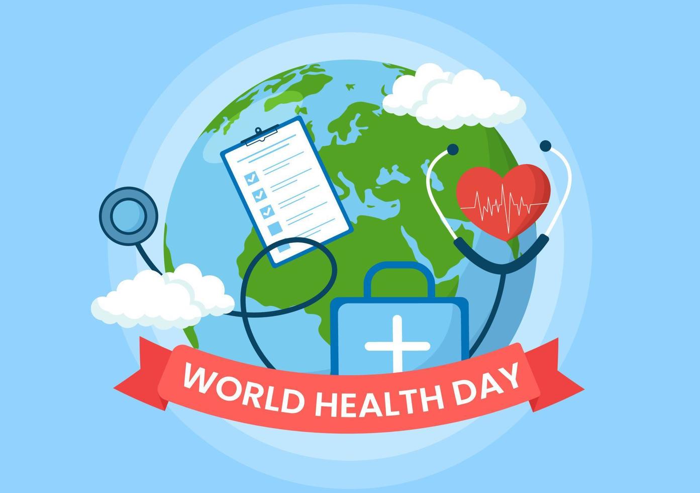 día mundial de la salud el 7 de abril ilustración con tierra y atención médica para banner web o página de inicio en plantillas planas dibujadas a mano de dibujos animados vector
