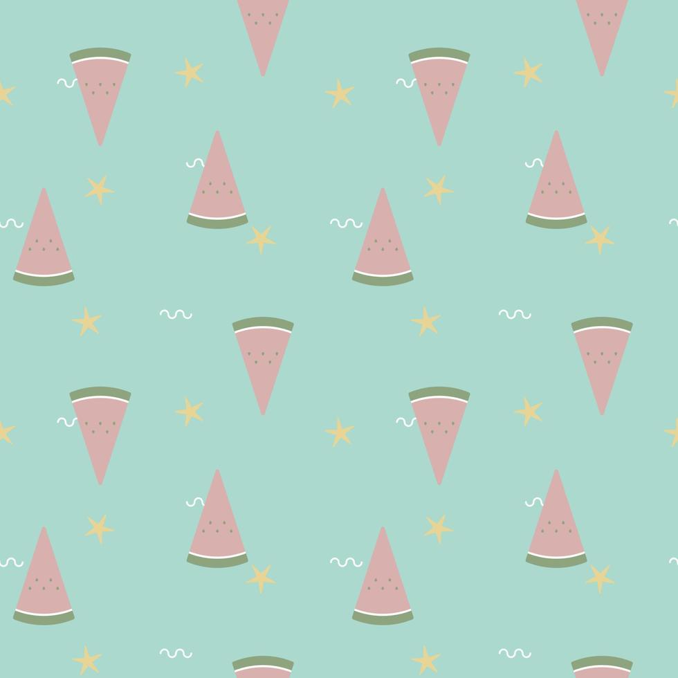 seamless minimal cute, sweet, colorful, pastel sliced watermelon with star repeat pattern in green background,  flat vector illustration design