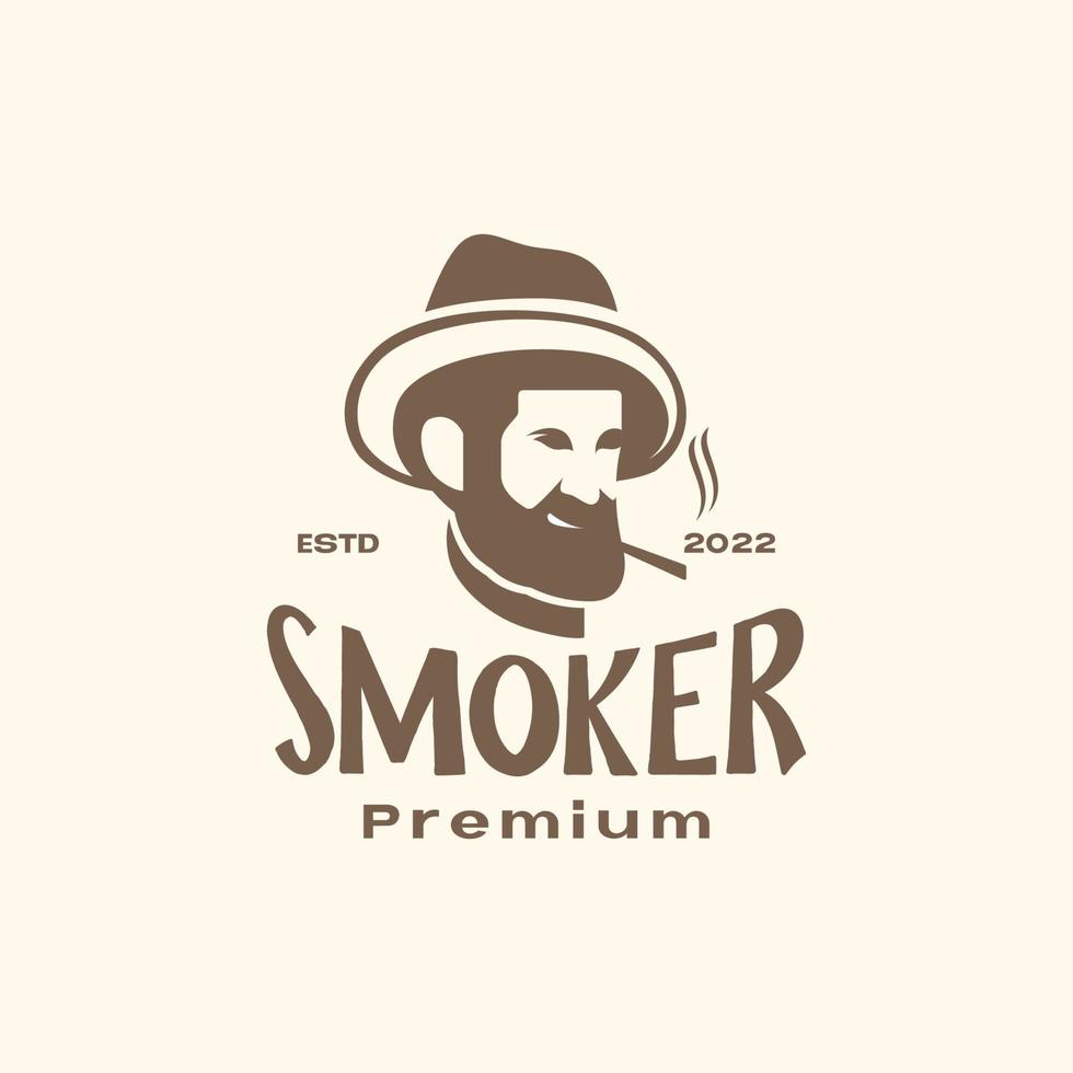 old guy bearded legend hat smoking cigar relax happiness vintage logo design vector icon illustration template