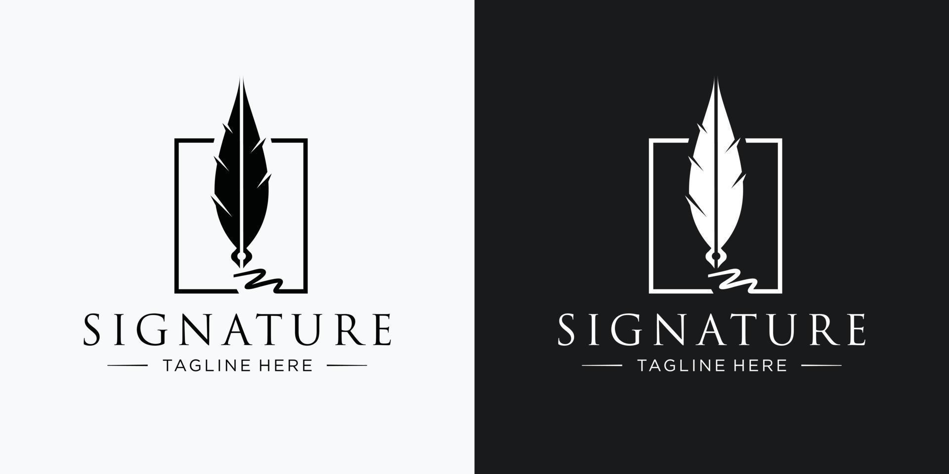 Signature Quill Feather Pen, Minimalist Signature Handwriting on square frame logo design template. vector