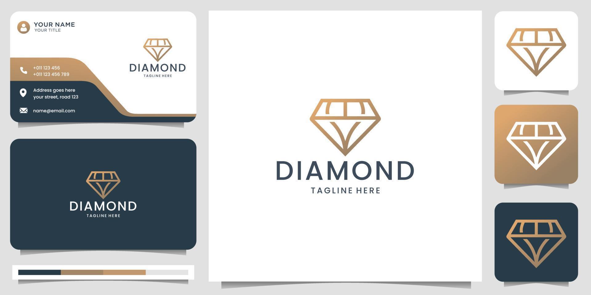 minimalist luxury diamond gem contour symbol with business card design. vector