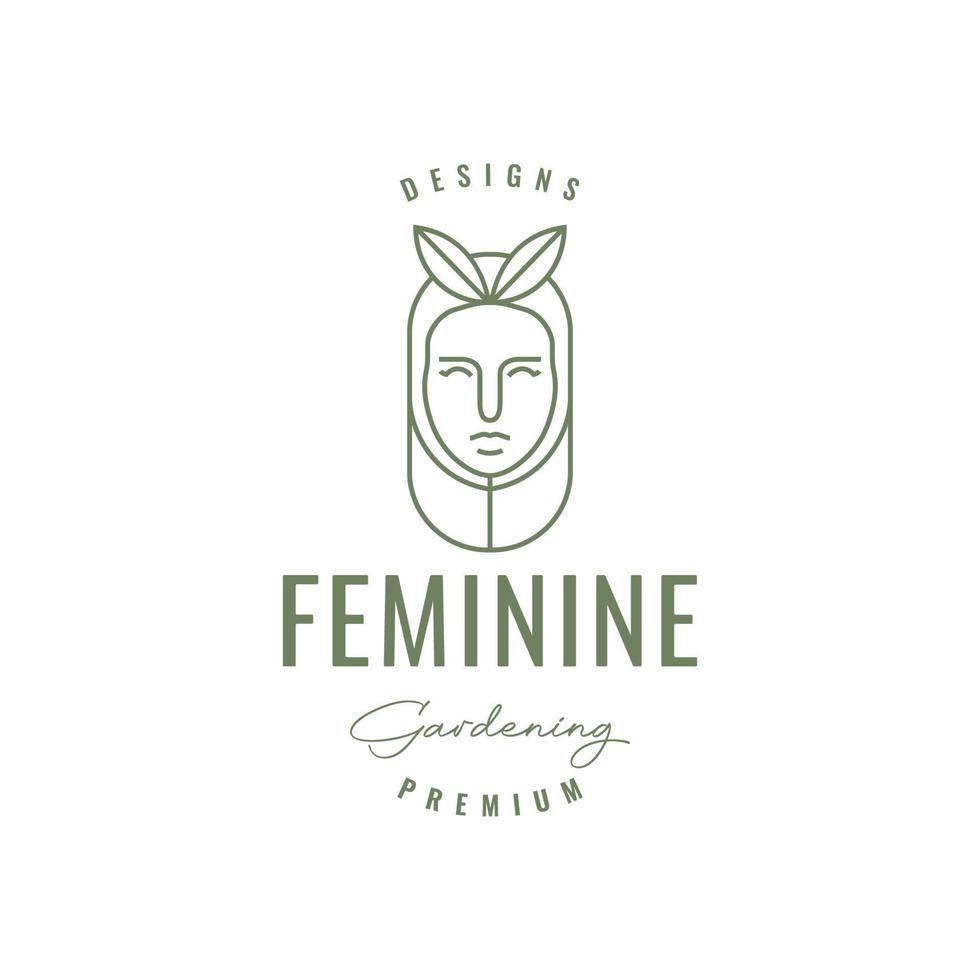 feminine beauty face female girl hijab and nature leaves style logo design icon illustration template vector