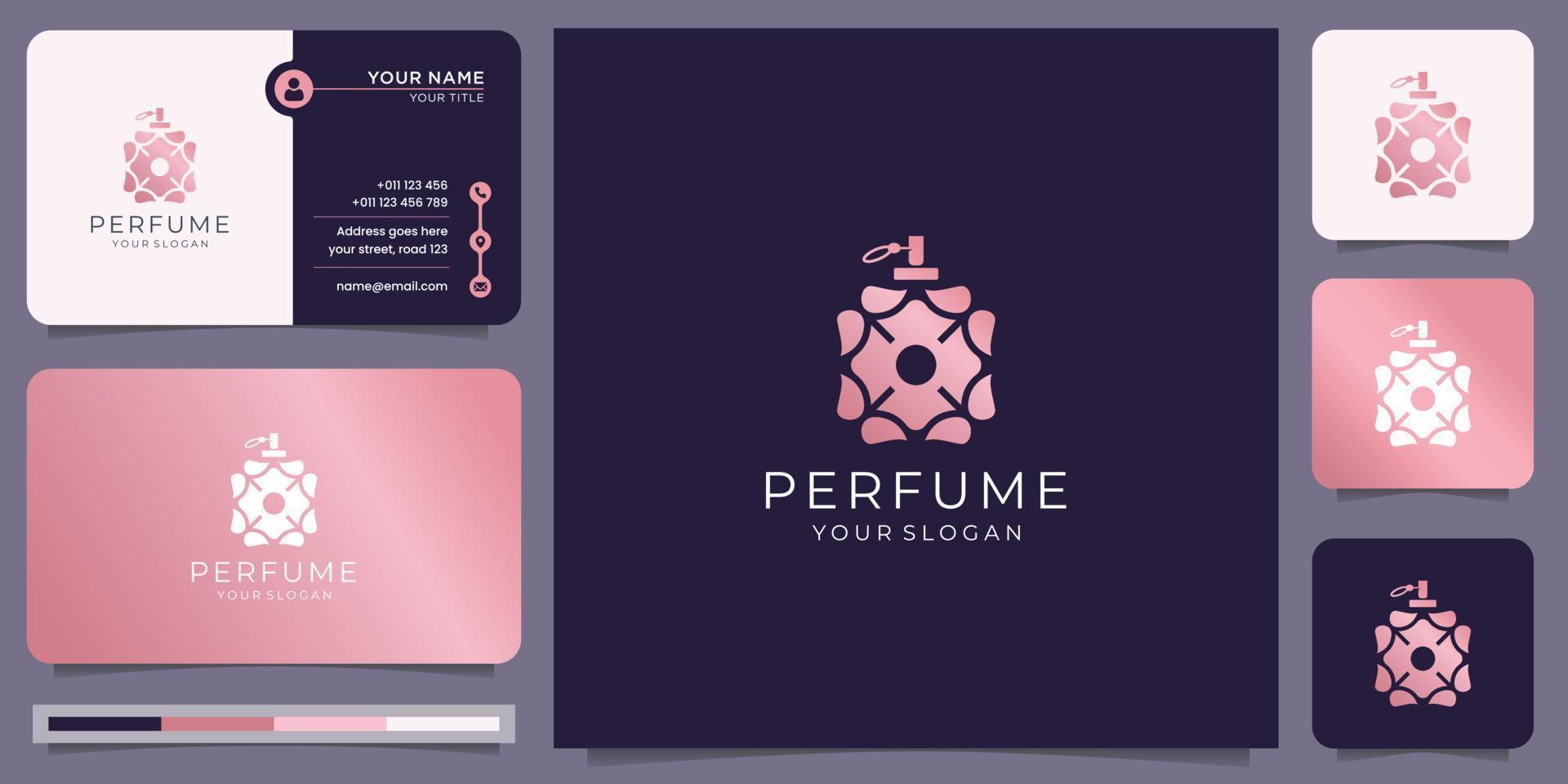 rose gold perfume logo template inspiration with business card template. vector