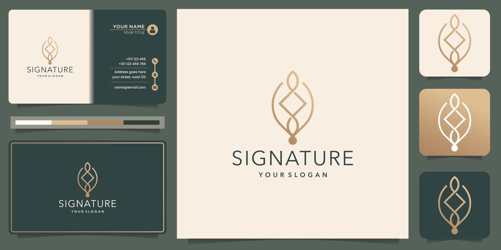 infinite lines signature quill feather pen logo. minimalist feather ink with business card. vector