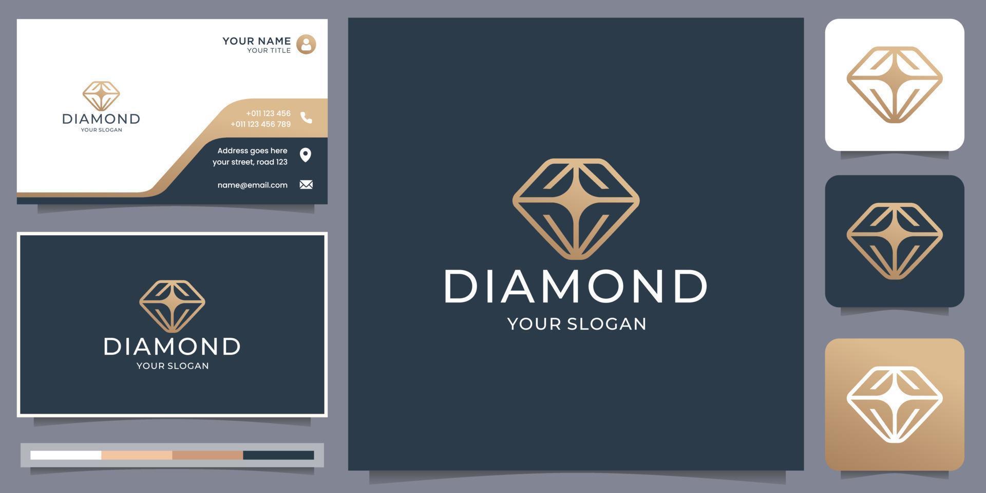 logotipo de diamante creativo con plantilla de diseño de forma de arte de línea e ilustración de tarjeta de visita vector