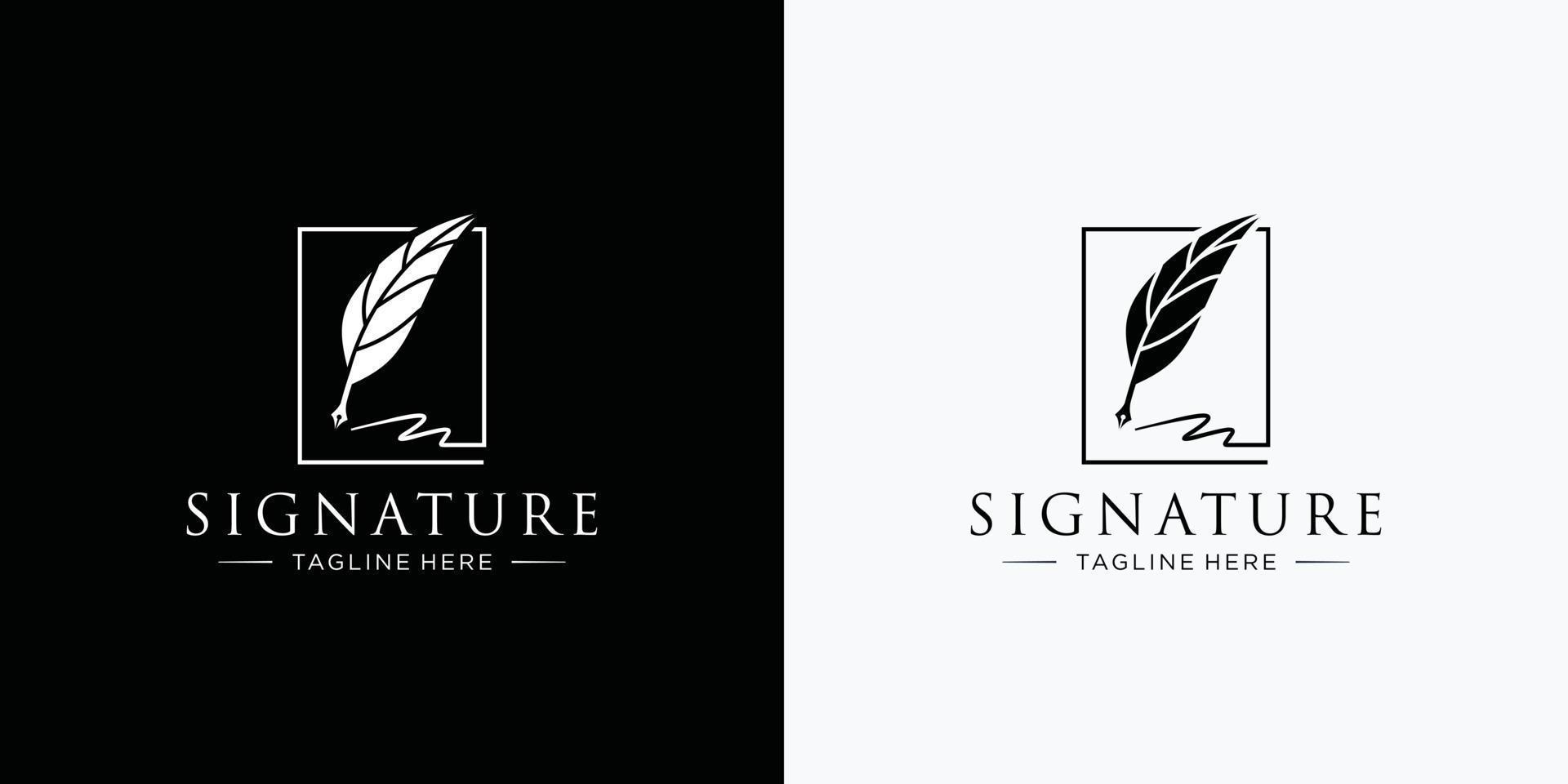 Signature Quill Feather Pen, Minimalist Signature Handwriting on square frame logo design template. vector