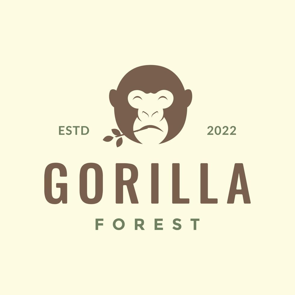 cara pequeño gorila primate simio comer hoja hipster color logo diseño icono ilustración plantilla vector