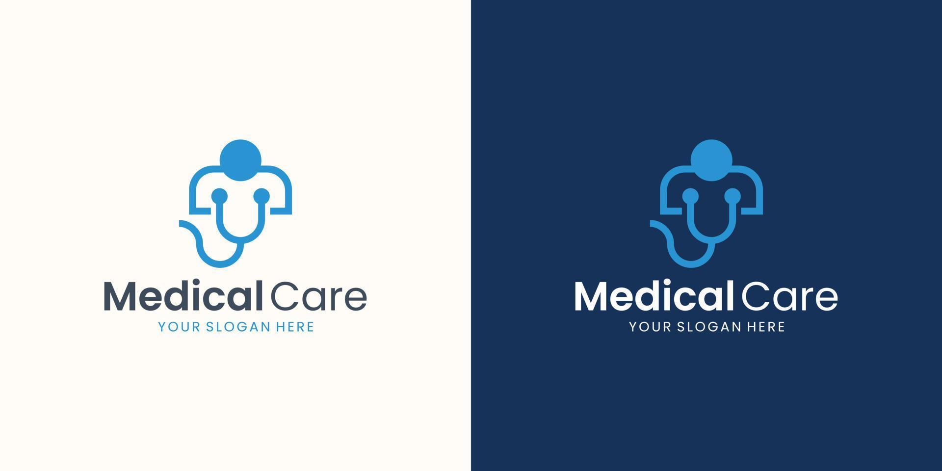 Abstract People Care Logo. Human Icon with stethoscope line Symbol. Flat Vector Logo Design Template