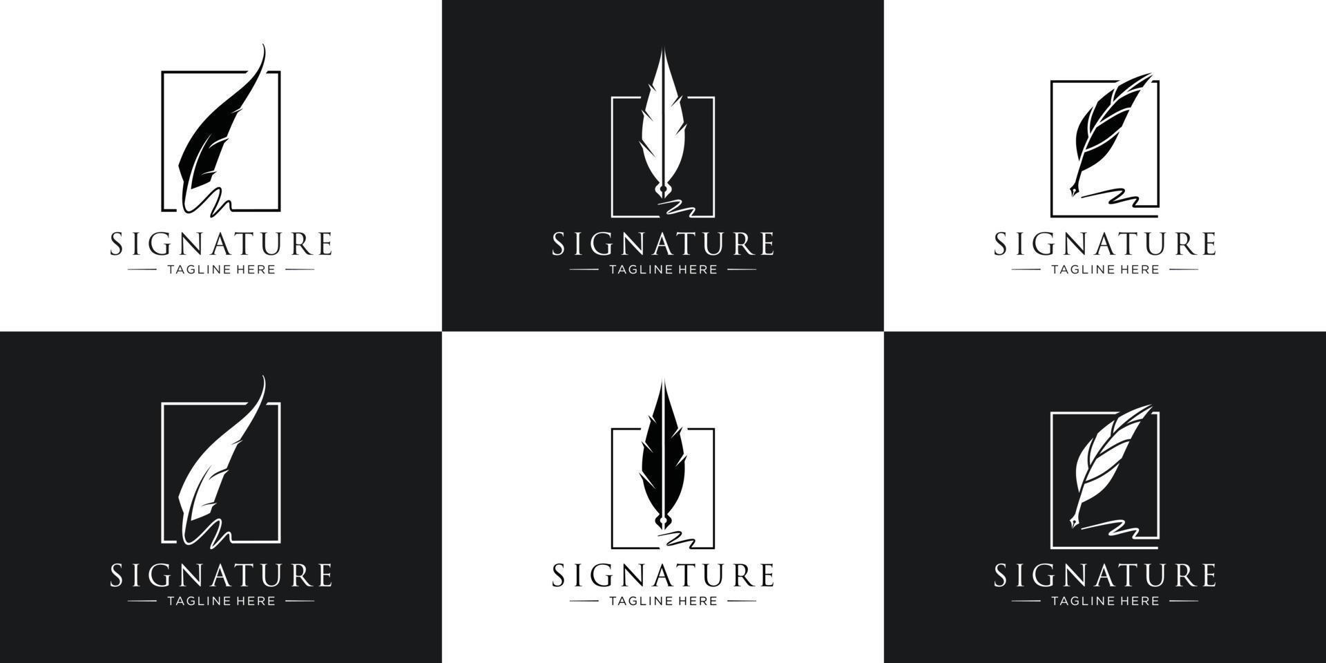 Set of quill signature logo design. Minimalist feather ink logo template. classic signature symbol vector