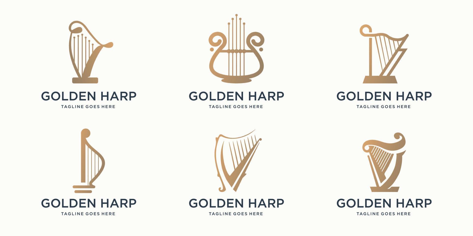 conjunto de colección de símbolos de lira de logotipo de arpa musical abstracto. inspiración en el diseño del logo del arpa dorada. vector