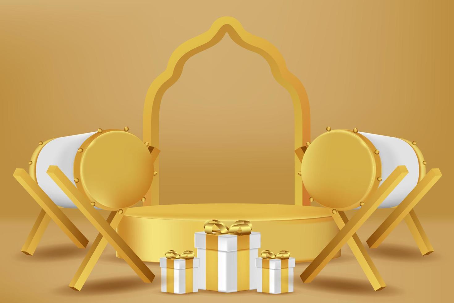Realistic 3d Islamic celebration with islamic ornament and product podium. Vector 3D Illustration