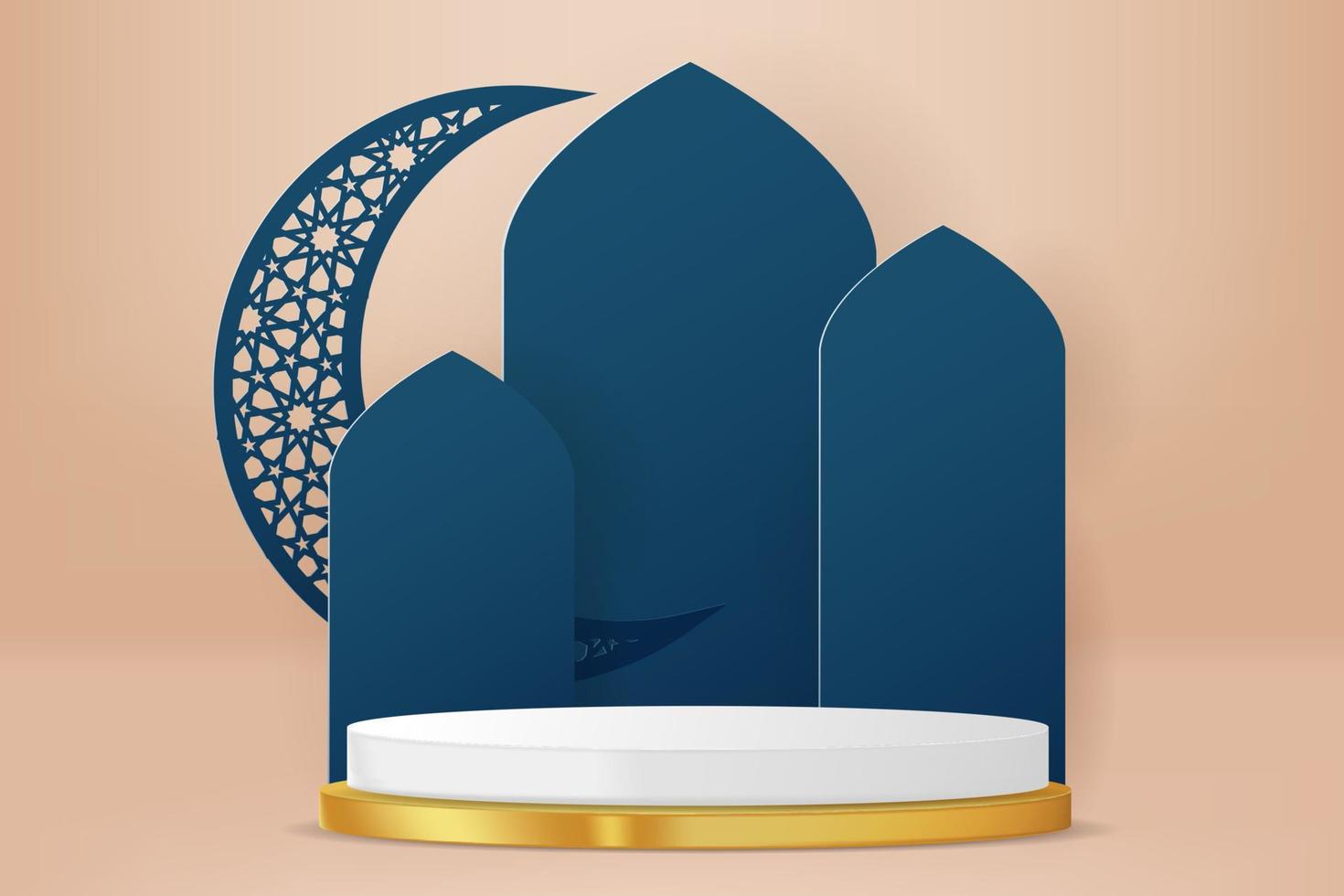 Realistic 3d Islamic celebration with islamic ornament and product podium. Vector 3D Illustration