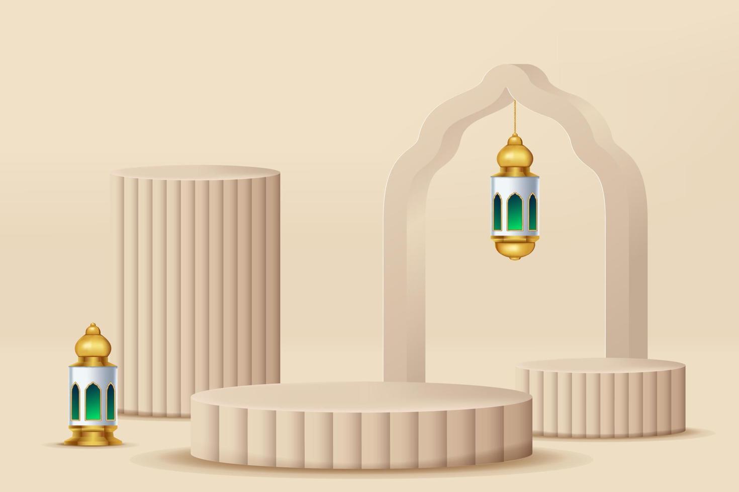 Realistic 3d Islamic celebration with islamic ornament and product podium. Vector 3D Illustration